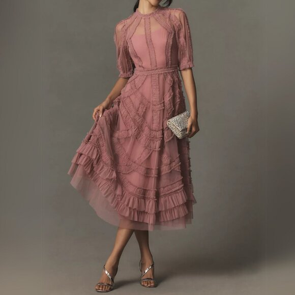Anthropologie Dresses & Skirts - Anthropologie Mac Duggal 8058 Pink High Neck Micro Ruffle Tiered Midi Dress